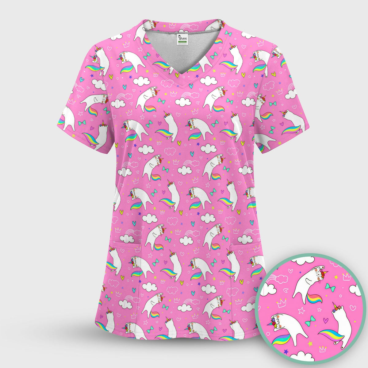 Unicorn Cat Rainbow Tail Clouds Nurse Scrub Set