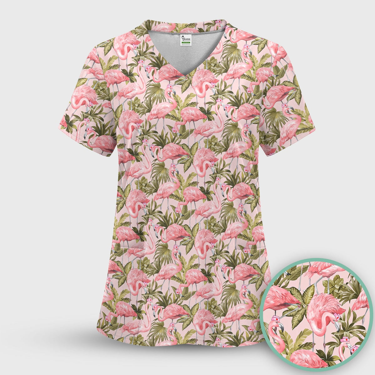 Pink Flamingo Jungle Leaves Nurse Scrub Set