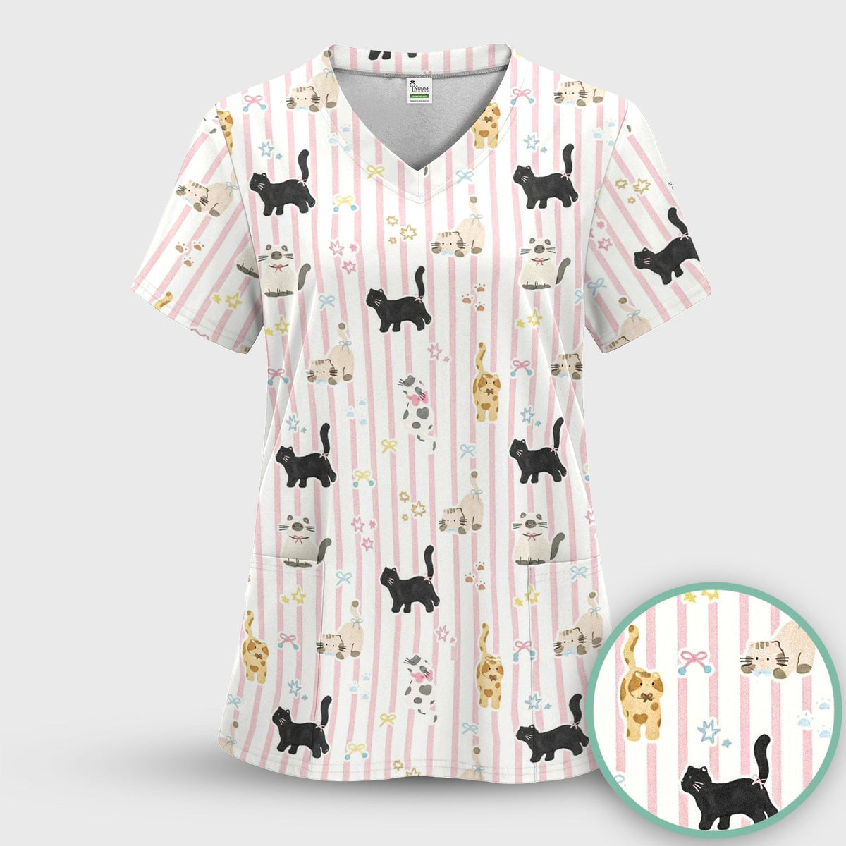 Playful Cat Stripe Ribbon Nurse Scrub Set