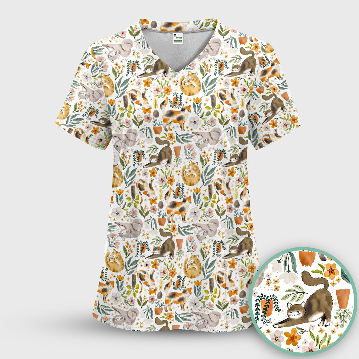 Cat Wildflower Garden Nurse Scrub Top