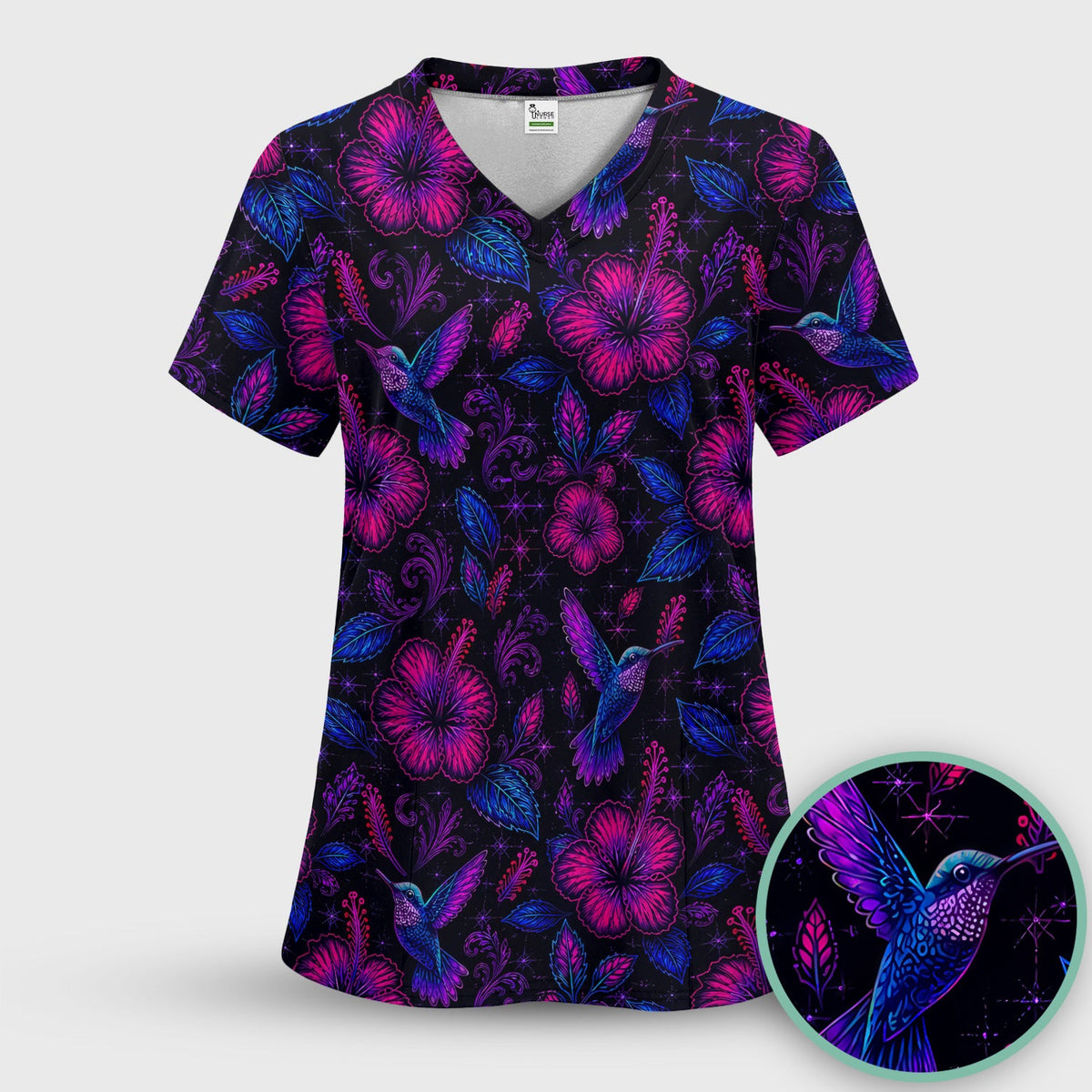 Tropical Hummingbird Hibiscus Floral Nurse Scrub Set