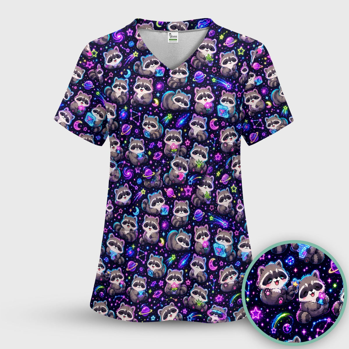 Neon Galaxy Raccoon Space Nurse Scrub Top