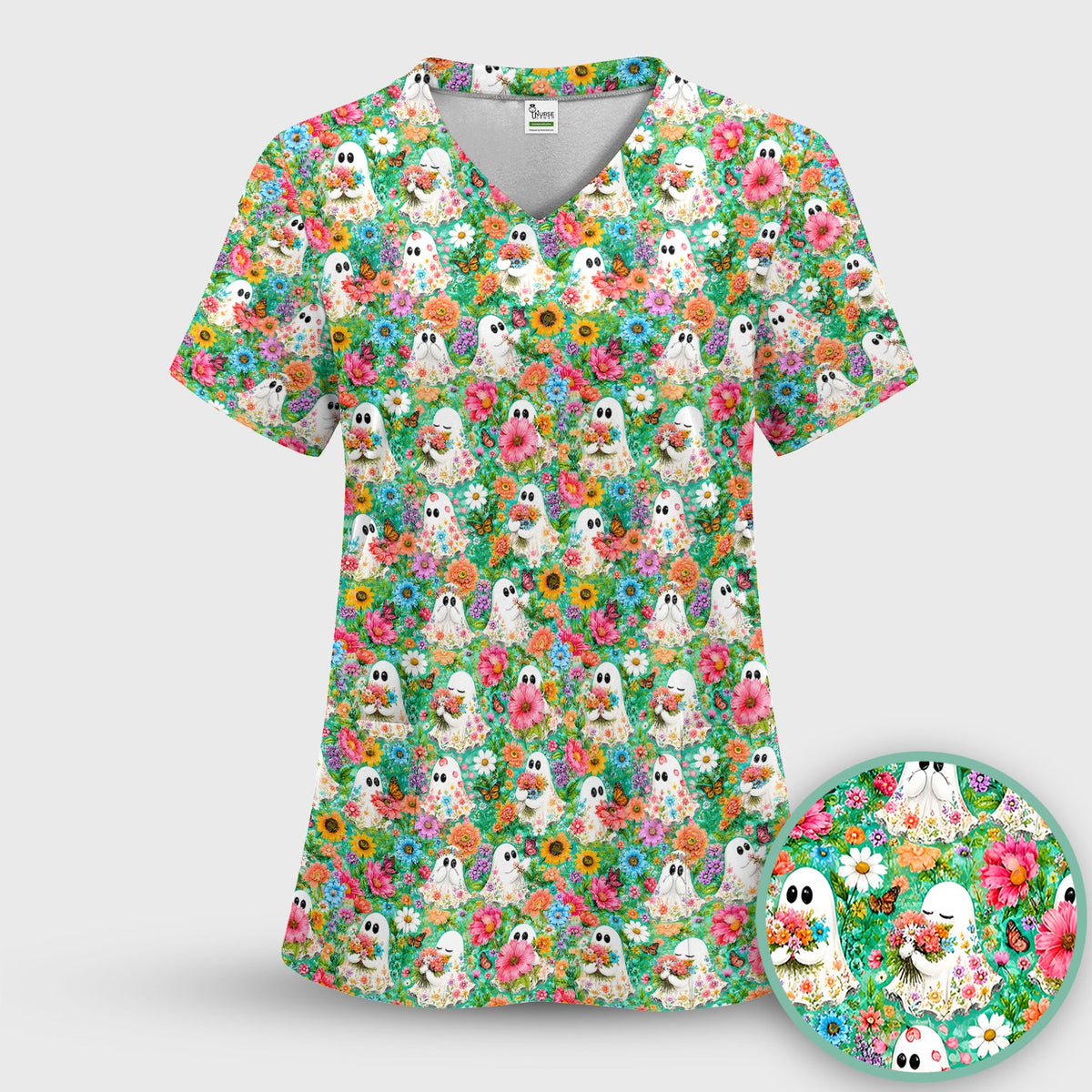 Halloween Floral Ghosts Nurse Scrub Top