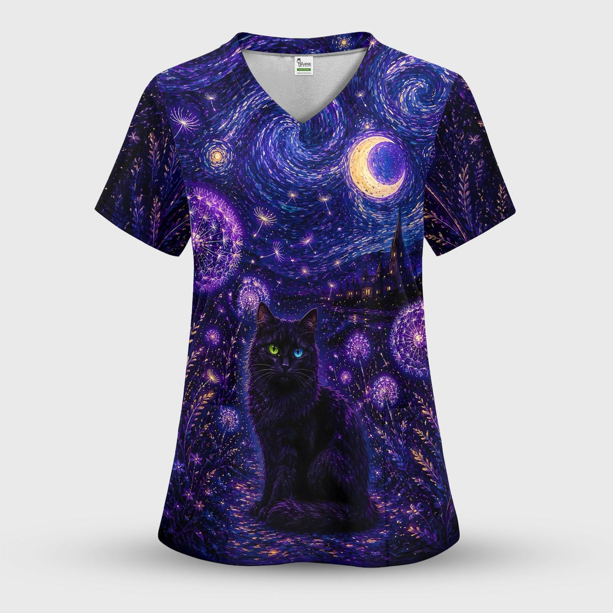 Mystical Black Cat Starry Night Nurse Scrub Top