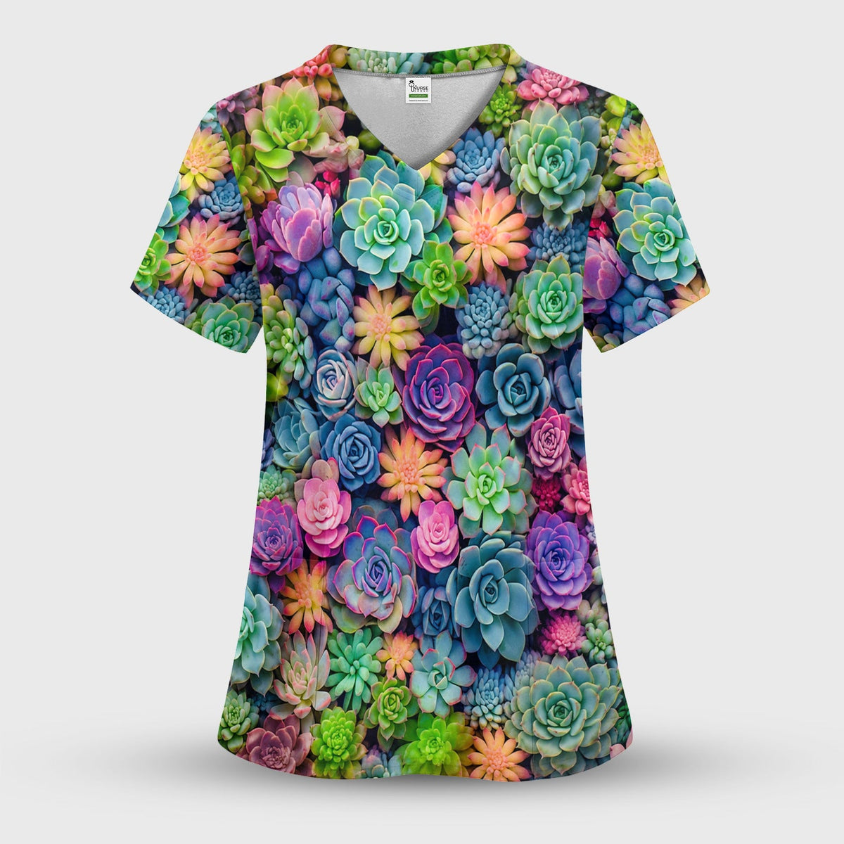 Cute Nurse Scrub Top Boho Succulent Flower Pattern Scrub Top, Comfortable Scrubs for Nurses
