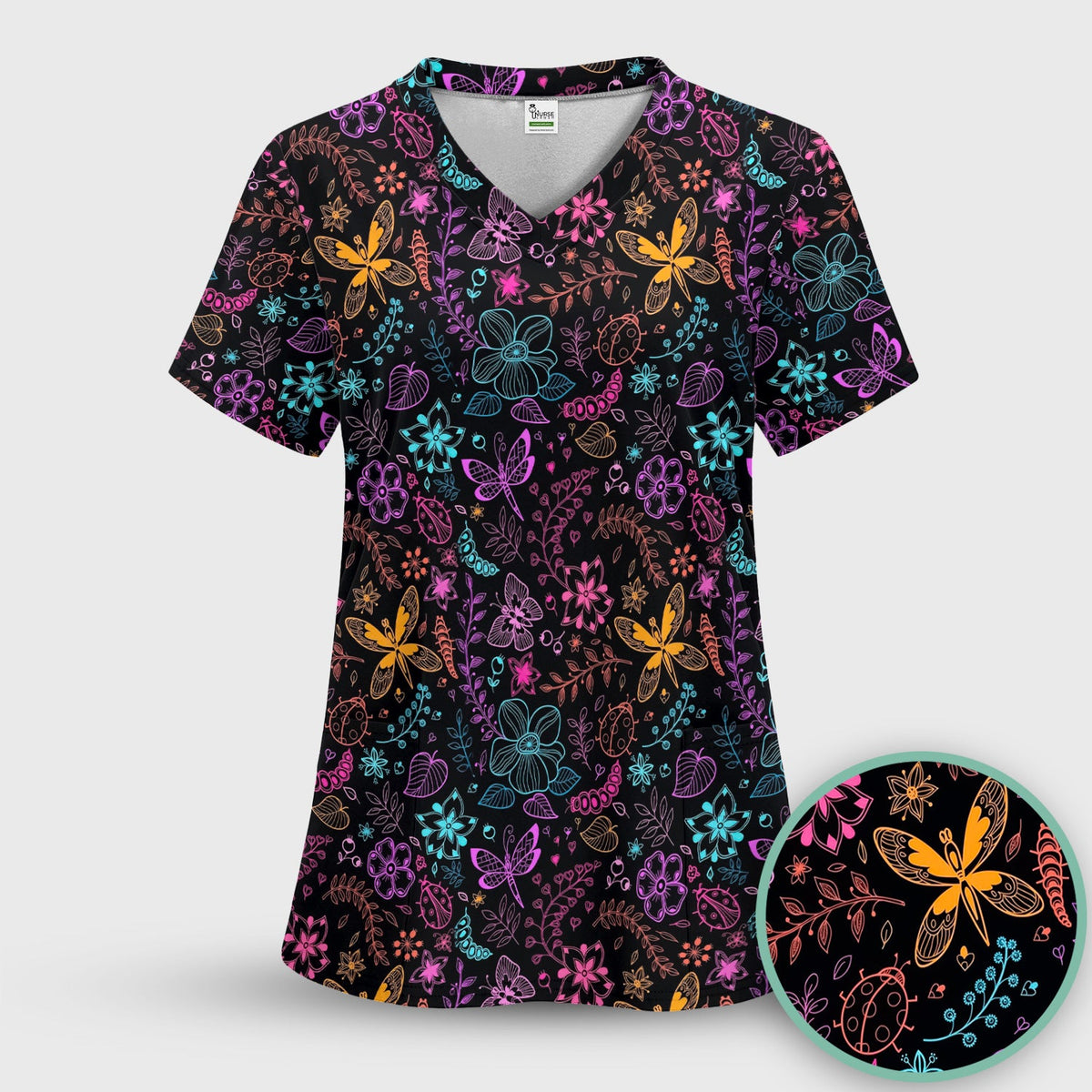 Neon Butterfly and Floral Garden Pattern Scrub Top, Comfortable Scrubs for Nurses