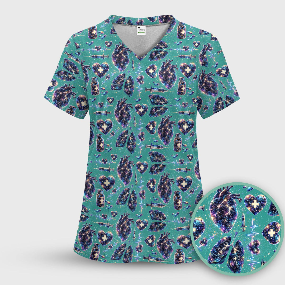 Galaxy Anatomical Heart Lung Syringe Nurse Scrub Top