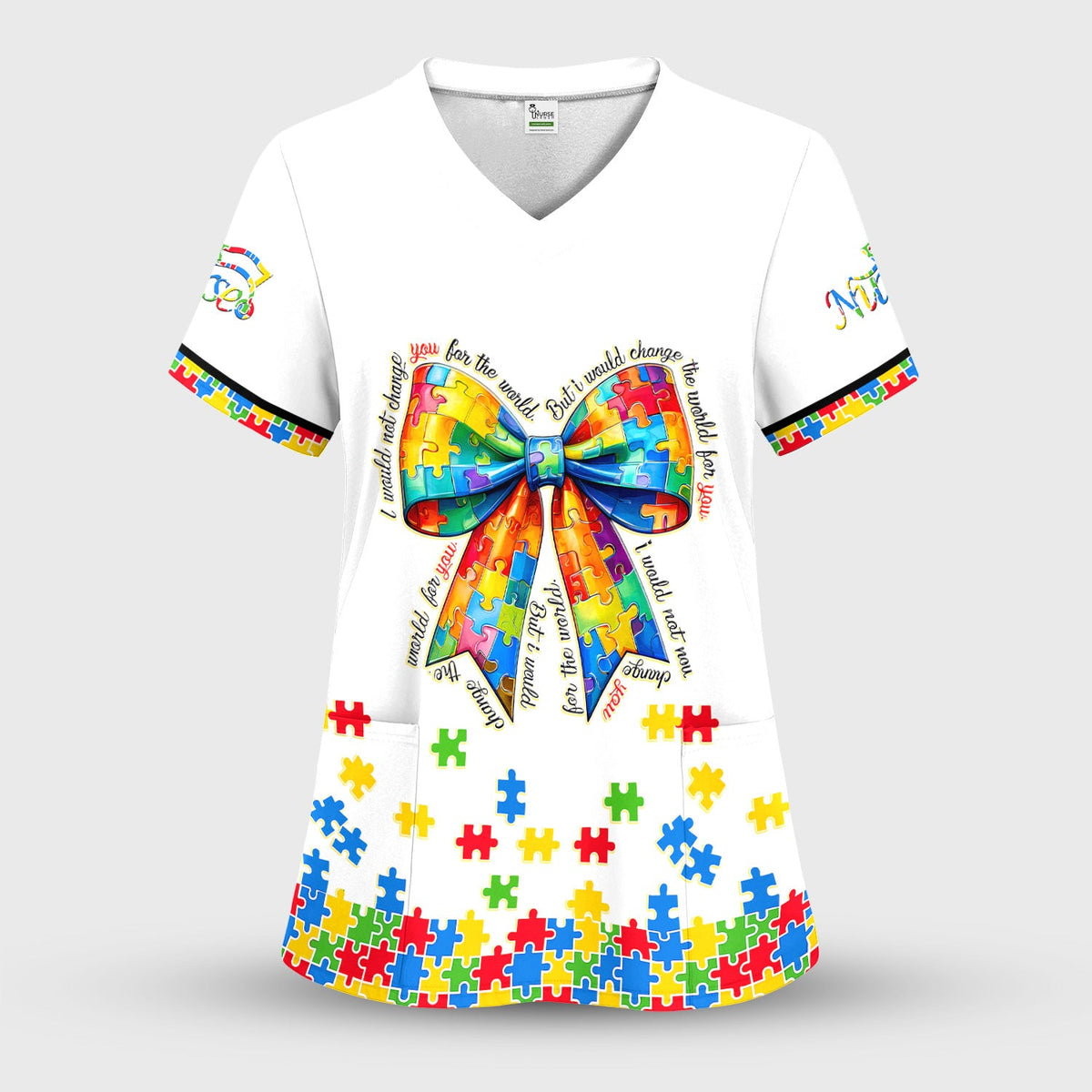 Autism Puzzle Bow Colorful Pieces Nurse Scrub Set