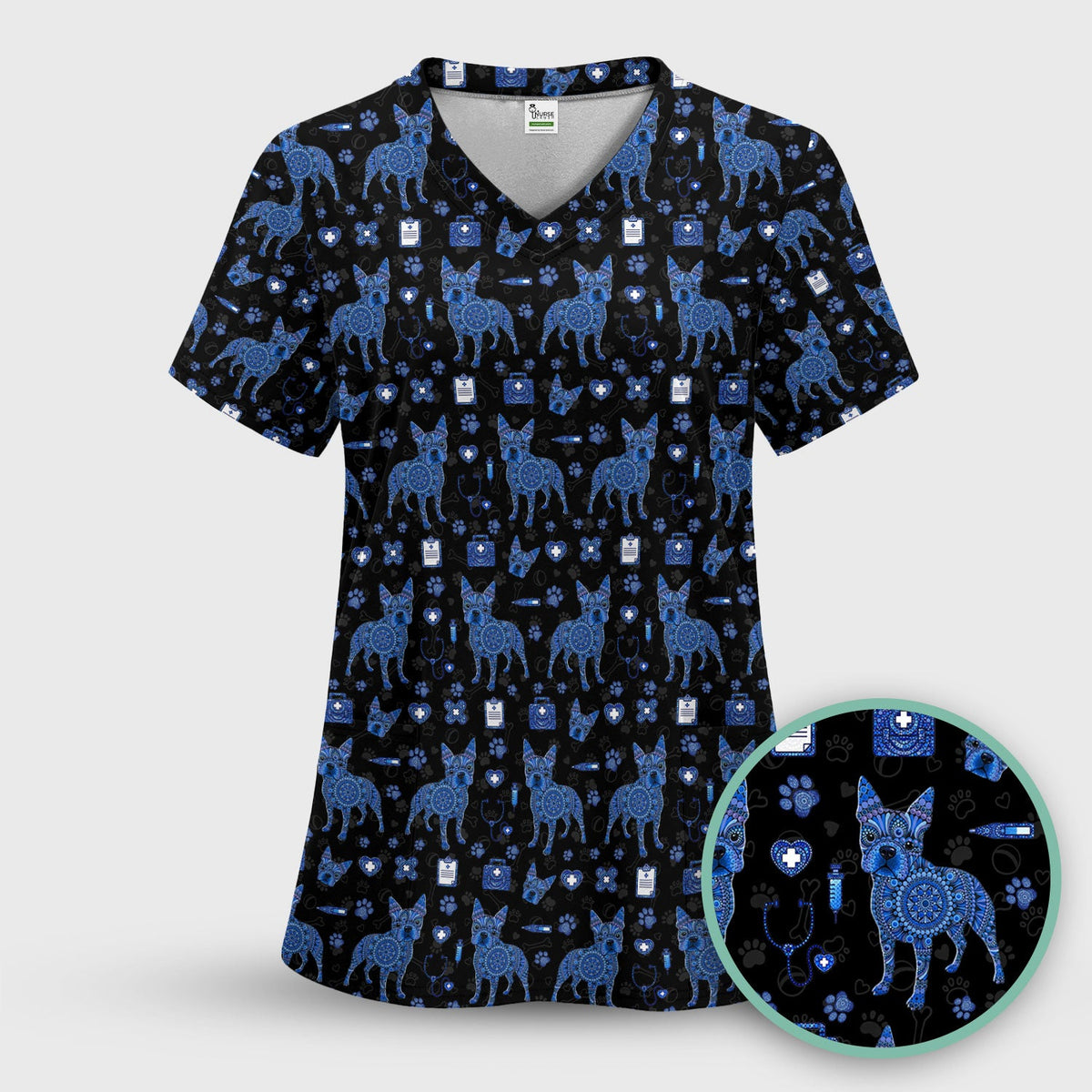 Blue Heeler Australian Cattle Dog Scrub Top, Australia Dot Art Pattern Shirt, Breathable Fabrics Nursing Uniform