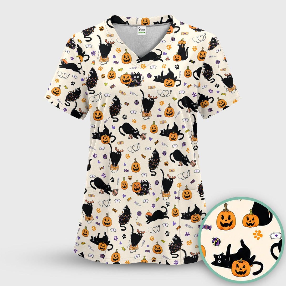 Pumpkin Black Cat Nurse Scrub Top
