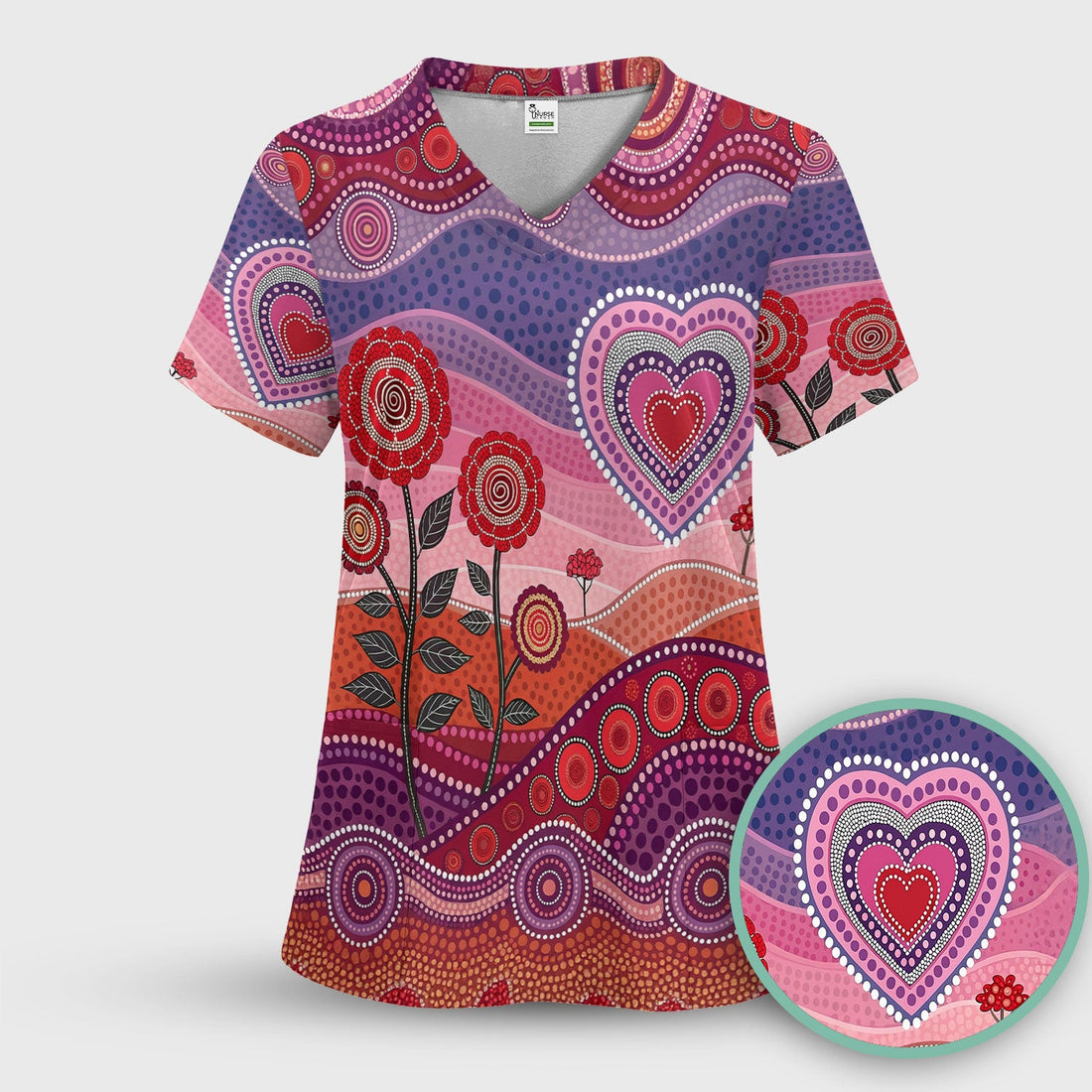 Boho Dot Art Valentine Scrub Top, Artistic Heart Pattern Nurse Shirt, Comfortable Scrubs For Nursing
