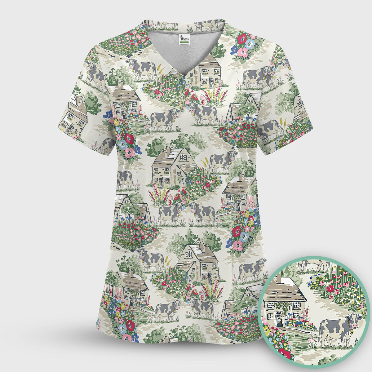 Countryside Cows Cottage Garden Nurse Scrub Set