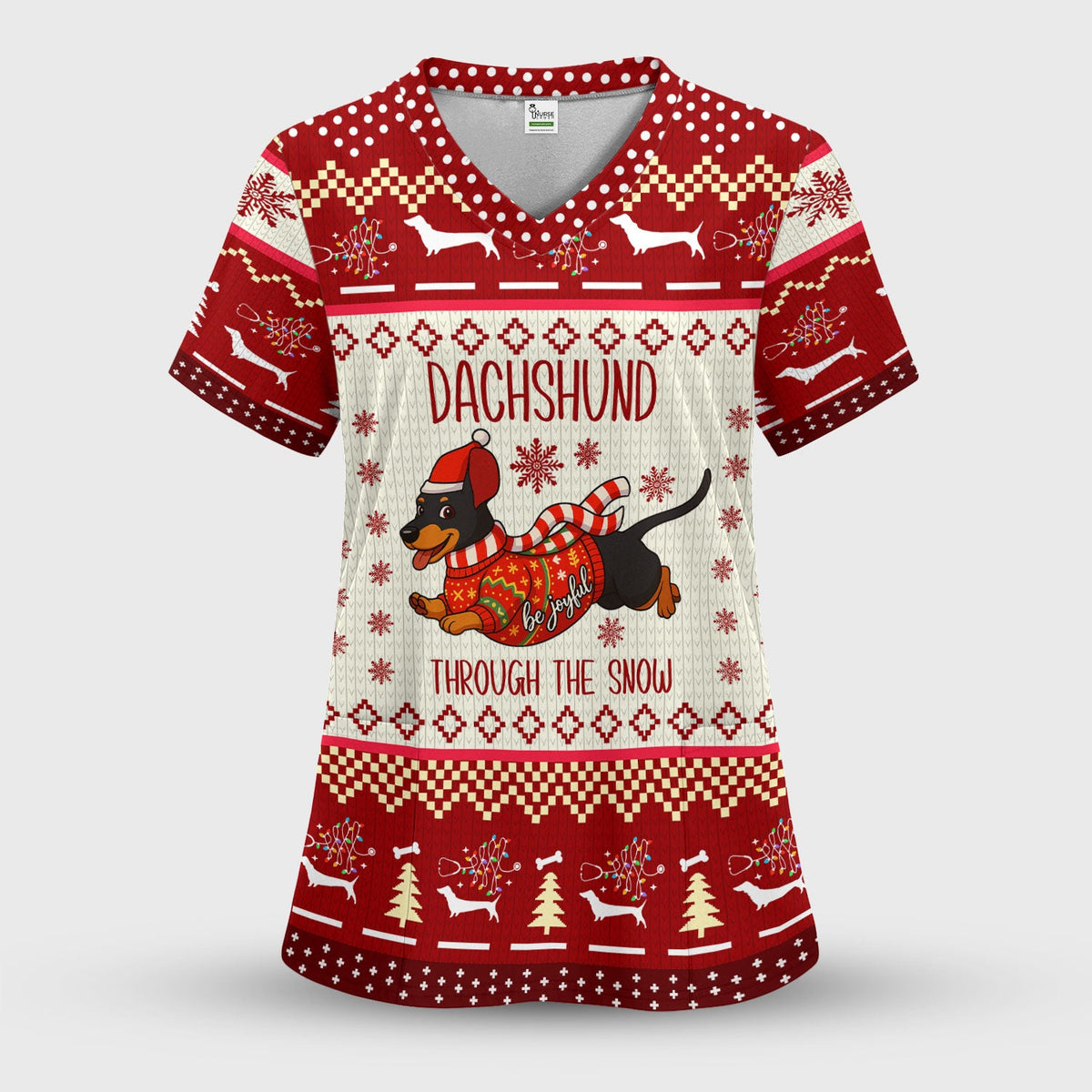 Wiener Dog Through The Snow Christmas Nurse Scrub Top