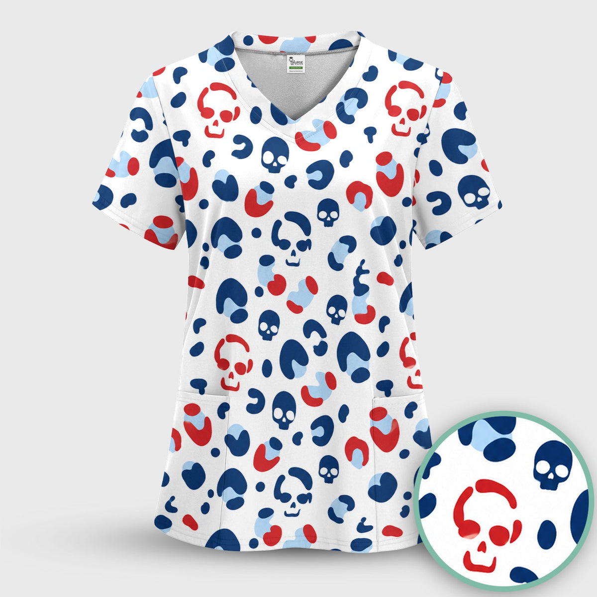 Red Blue Skull Leopard Nurse Scrub Top