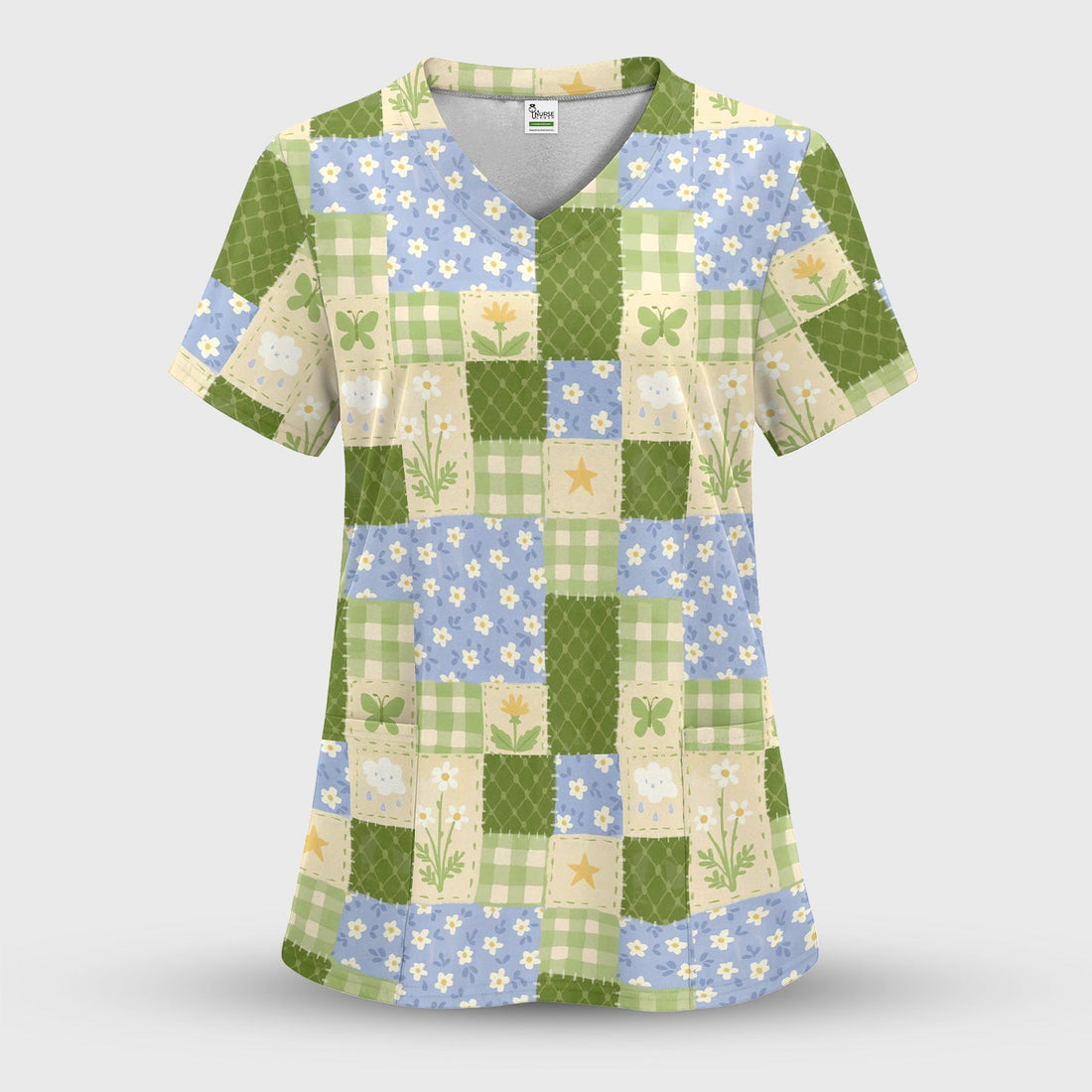 Green Patchwork Clover Floral Nurse Scrub Top