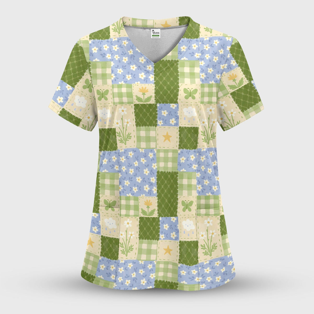 Green Patchwork Clover Floral Nurse Scrub Top