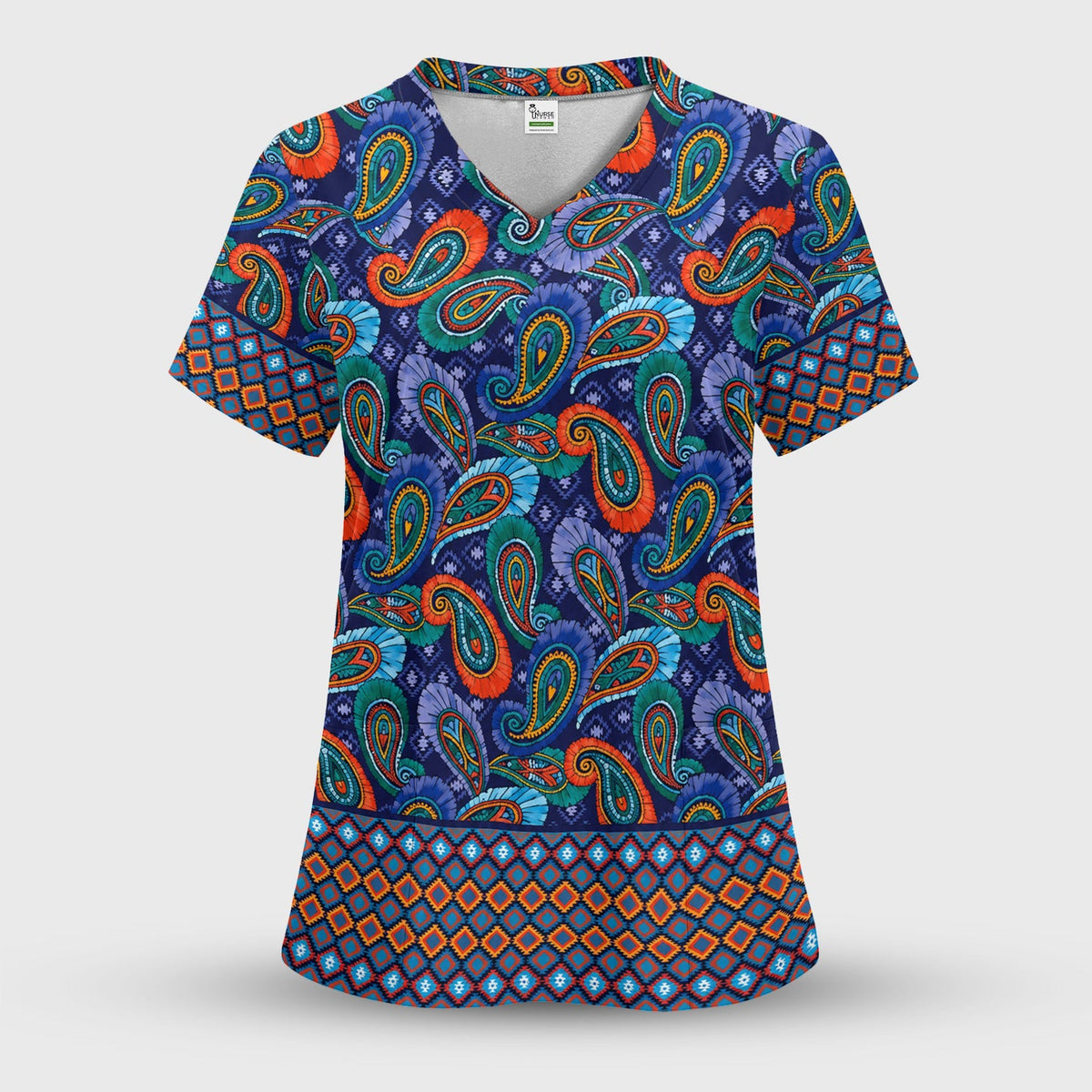 Colorful Paisley Geometric Border Nurse Scrub Set