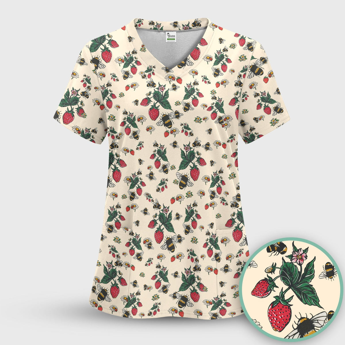 Strawberry Bee Daisy Nurse Scrub Top