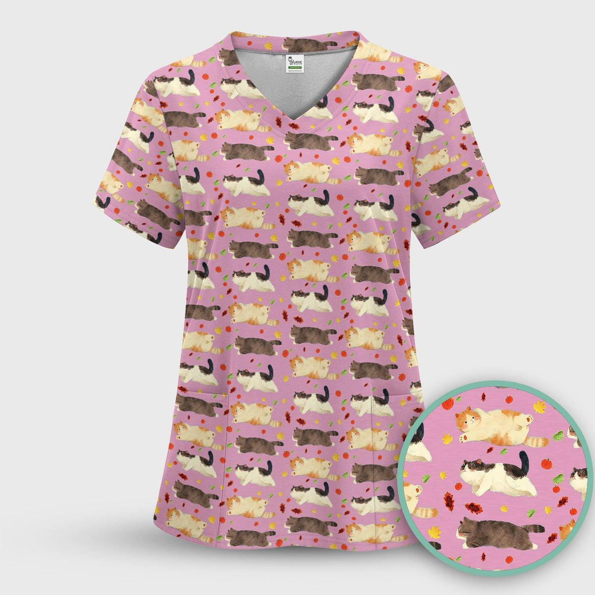 Chubby Cat Autumn Leaves Nurse Scrub Set