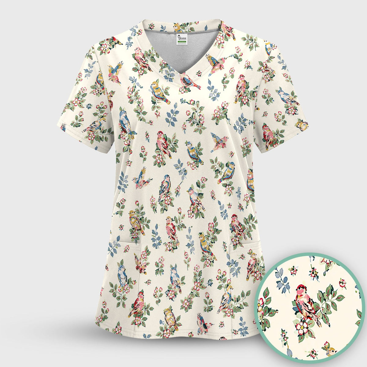 Vintage Birds Blossom Nurse Scrub Top