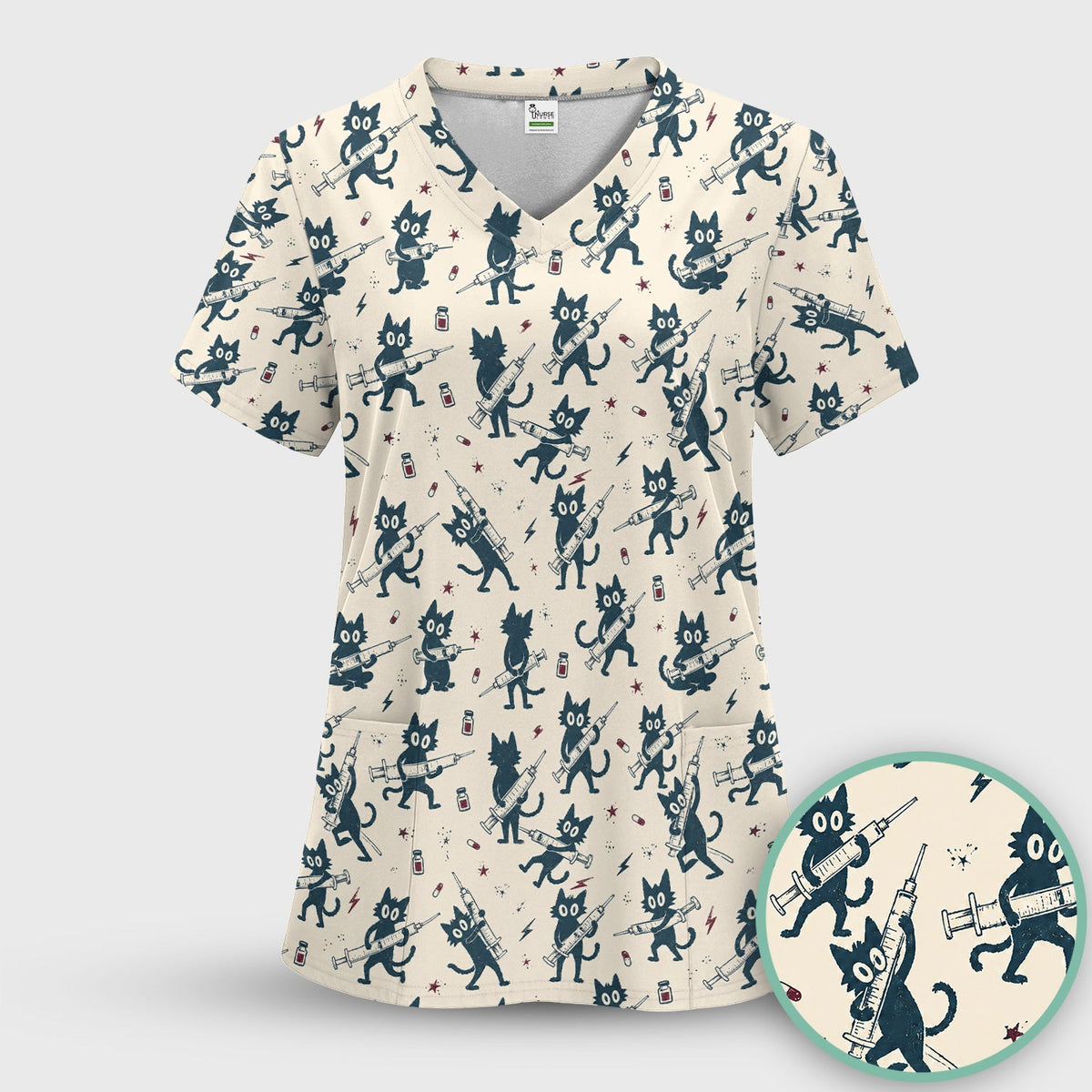 Black Cats With Syringes Nurse Scrub Top