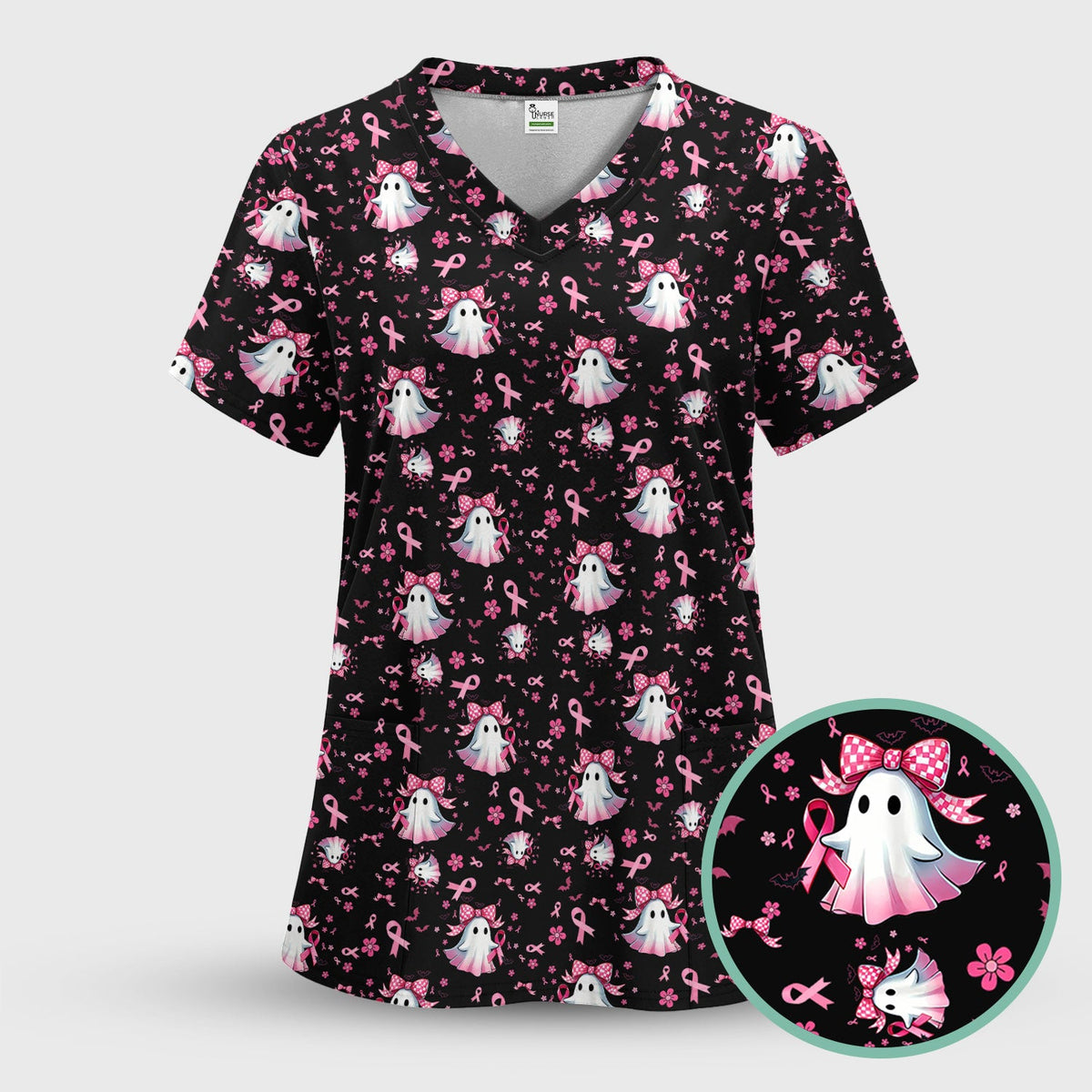 Spooky Ghost Pink Ribbon Nurse Scrub Top - Breast Cancer Gift