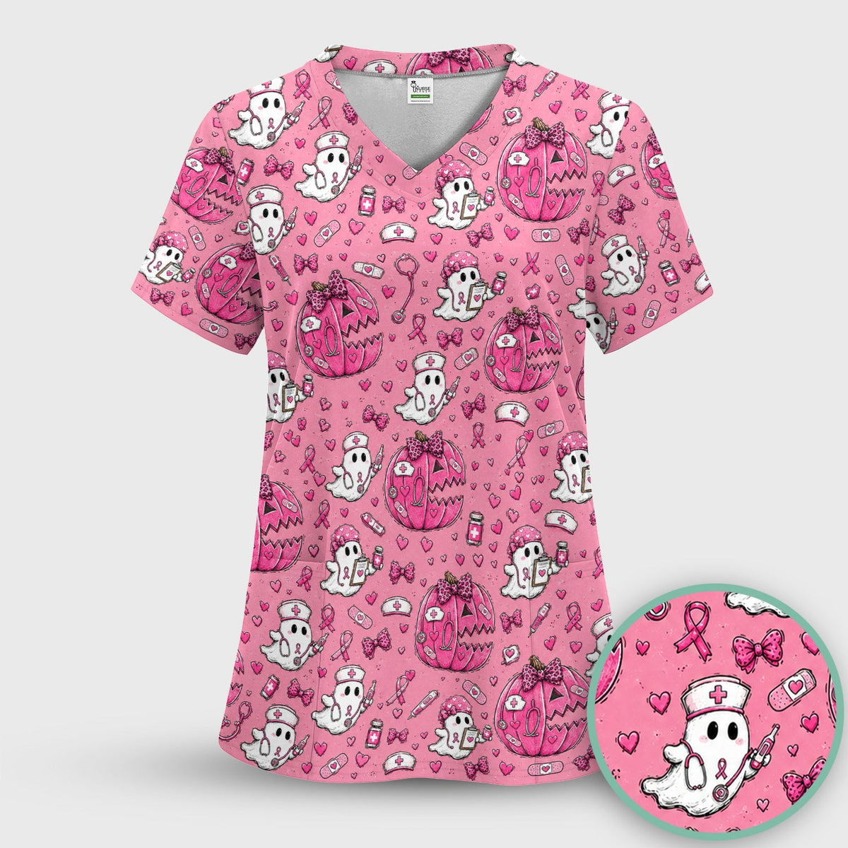 Pink Ribbon Ghost Pattern Nurse Scrub Set