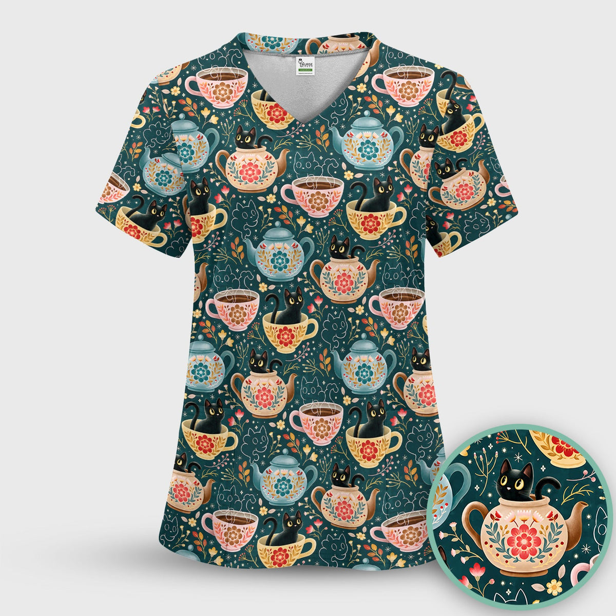 Black Cat Tea Party Veterinary Nurse Scrub Set