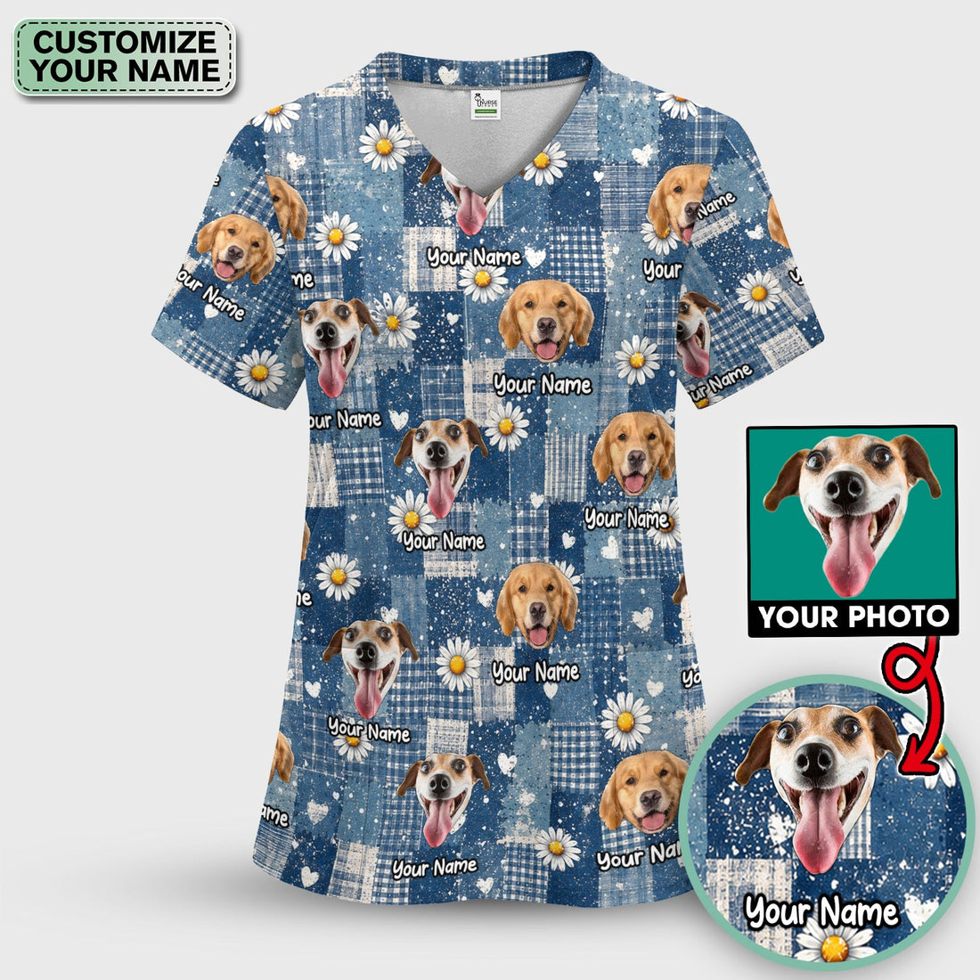 Personalized Dog Photo Patchwork Daisy Nurse Scrub Top