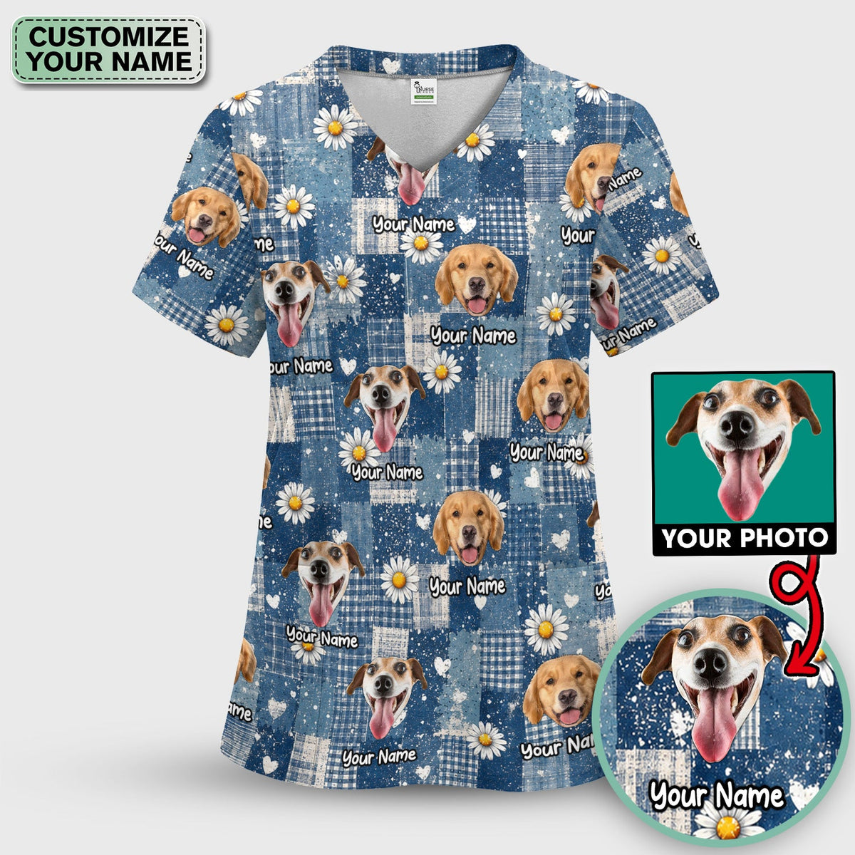 Personalized Dog Photo Patchwork Daisy Nurse Scrub Top