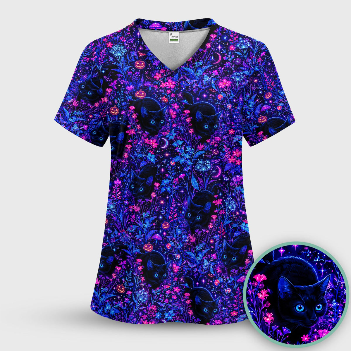 Spooky Black Cat Garden Nurse Scrub Top