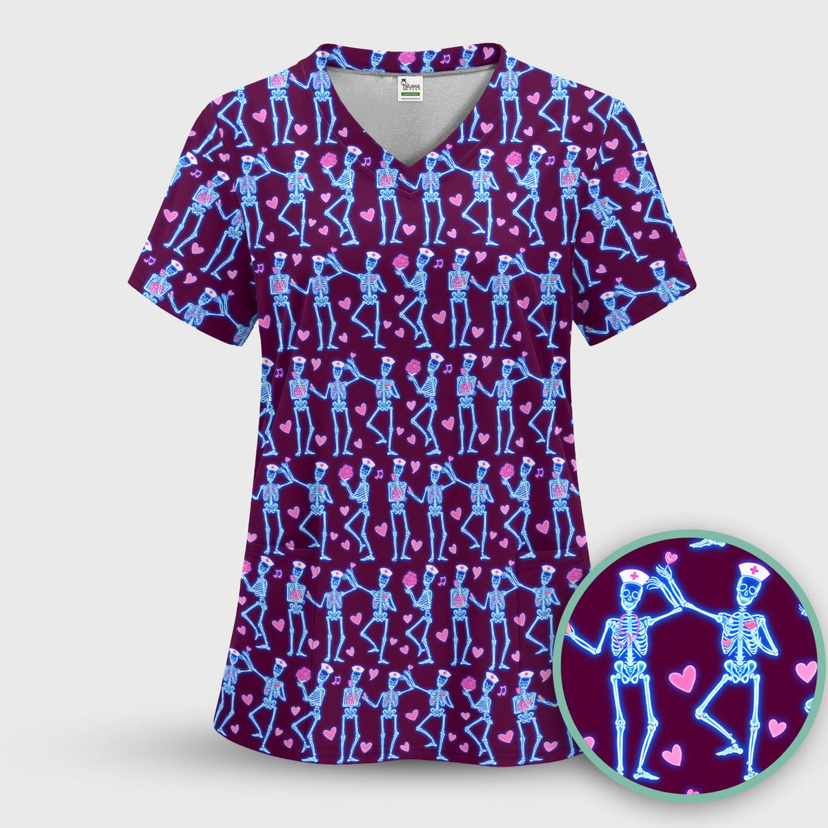 Skeleton Nurse Heart Pattern Scrub Sets, Playful Nurse Style, Scrub Pants and V Neck Top