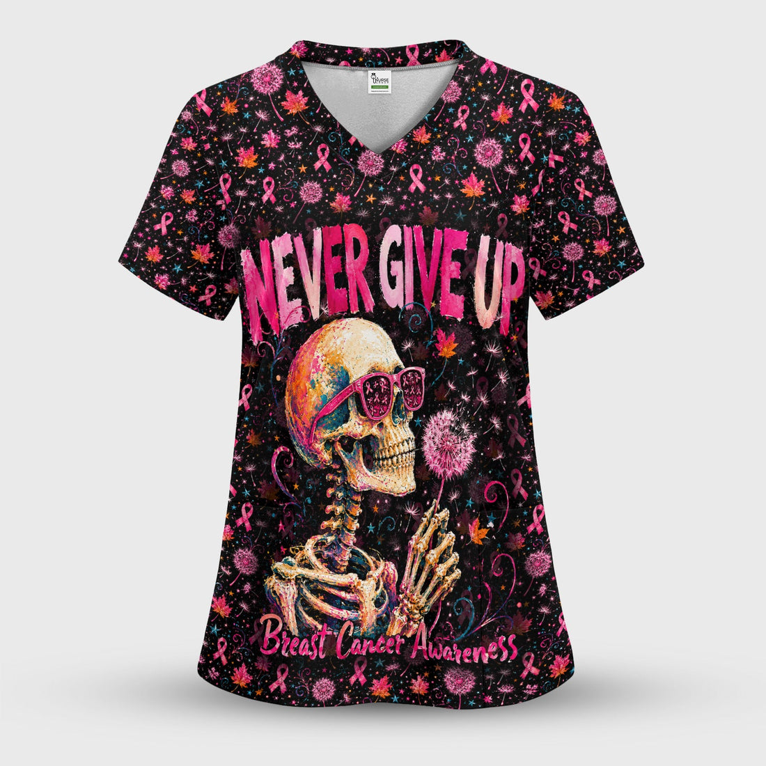 Breast Cancer Awareness Skeleton Nurse Scrub Top