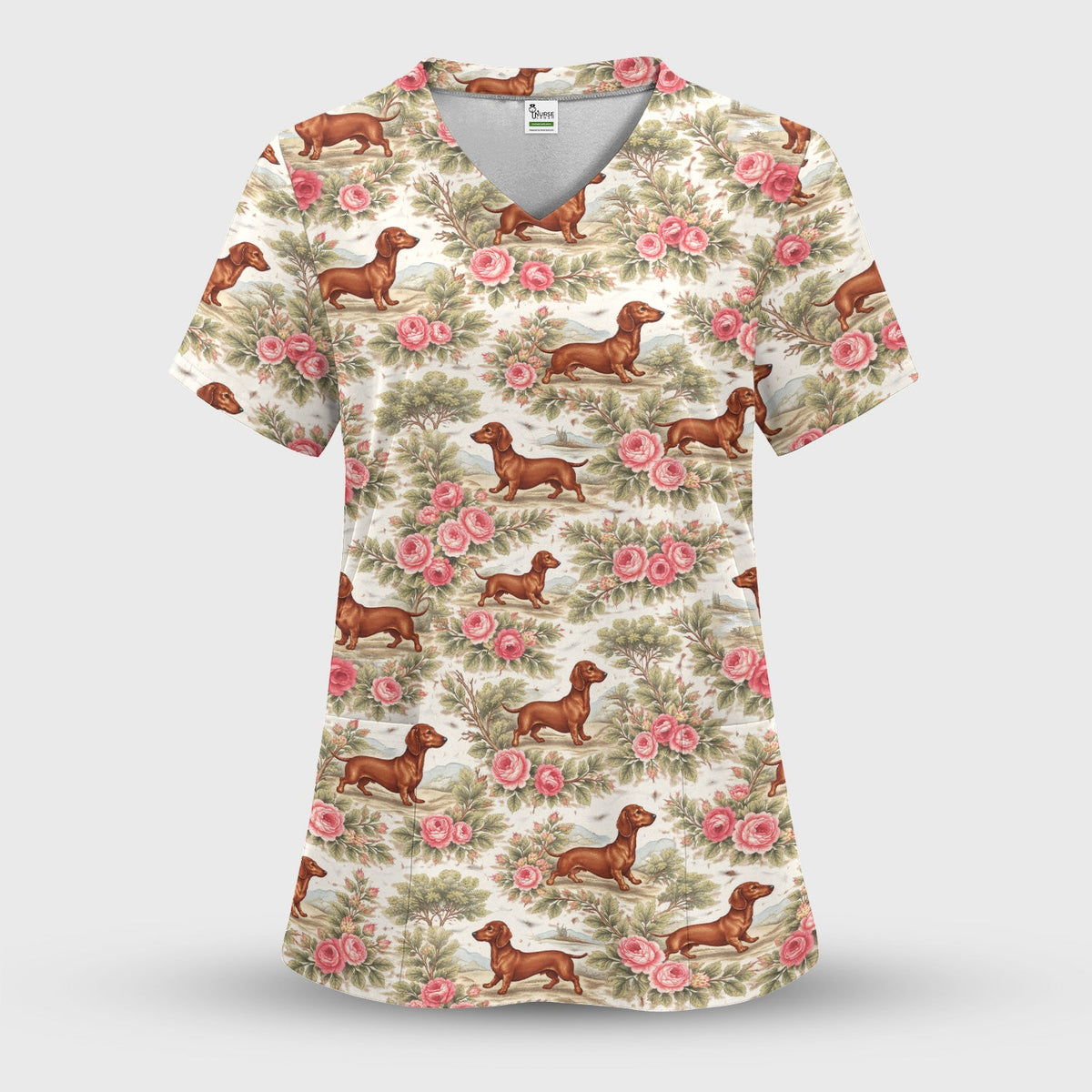 Vintage Dachshund Rose Floral Nurse Scrub Set
