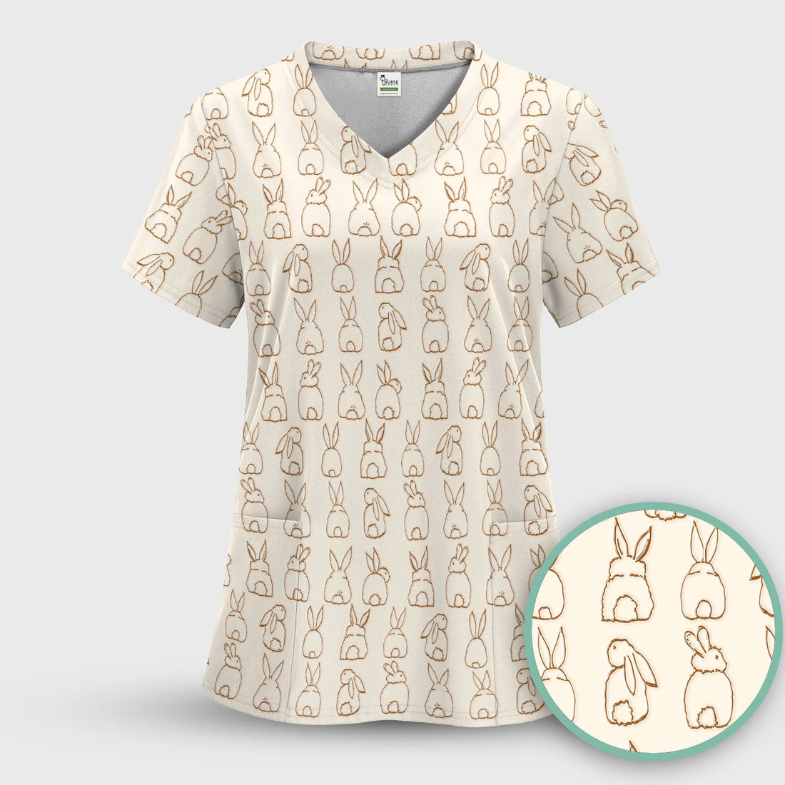 Cartoon Bunny Line Art Nurse Scrub Top - Easter Gift