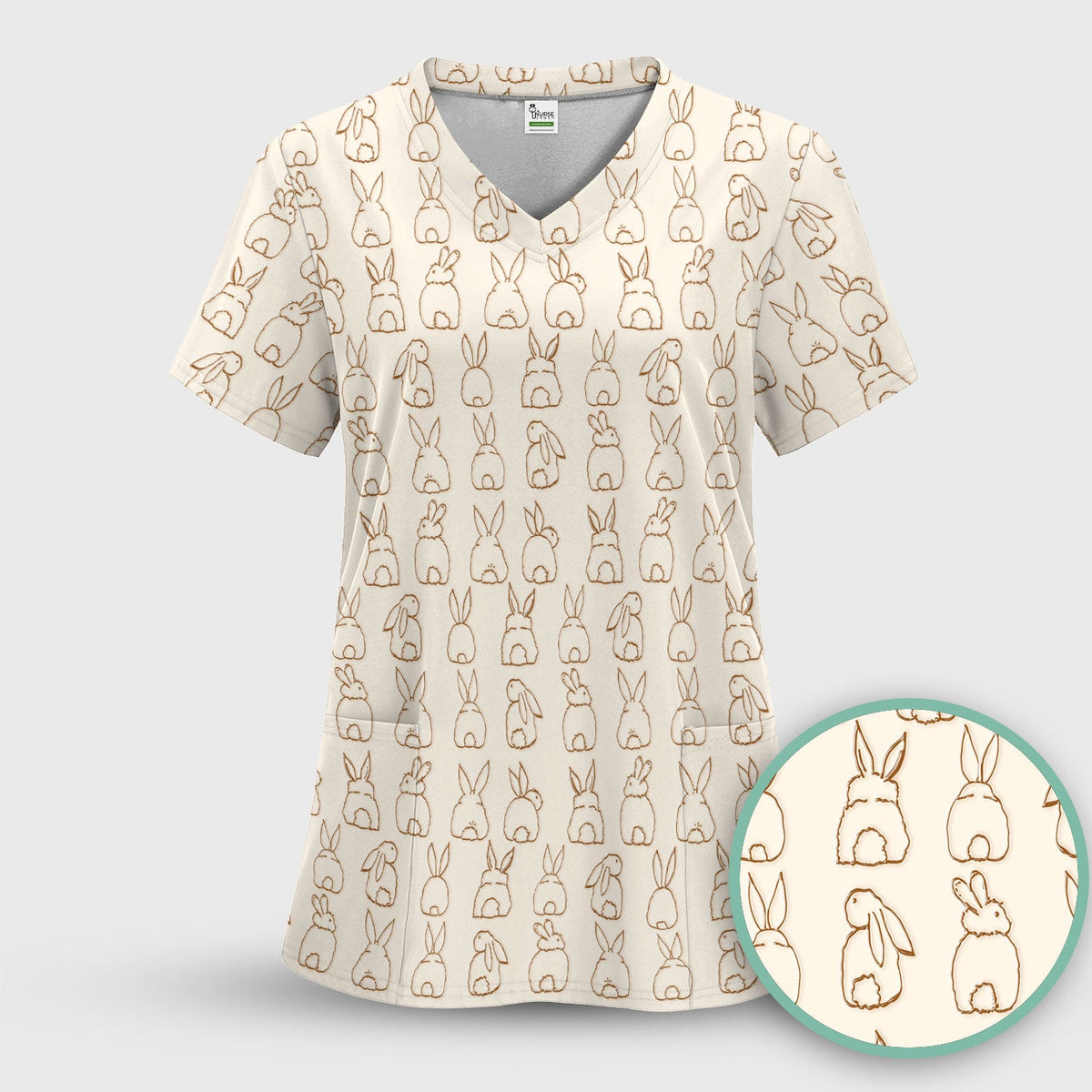 Cartoon Bunny Line Art Nurse Scrub Top - Easter Gift