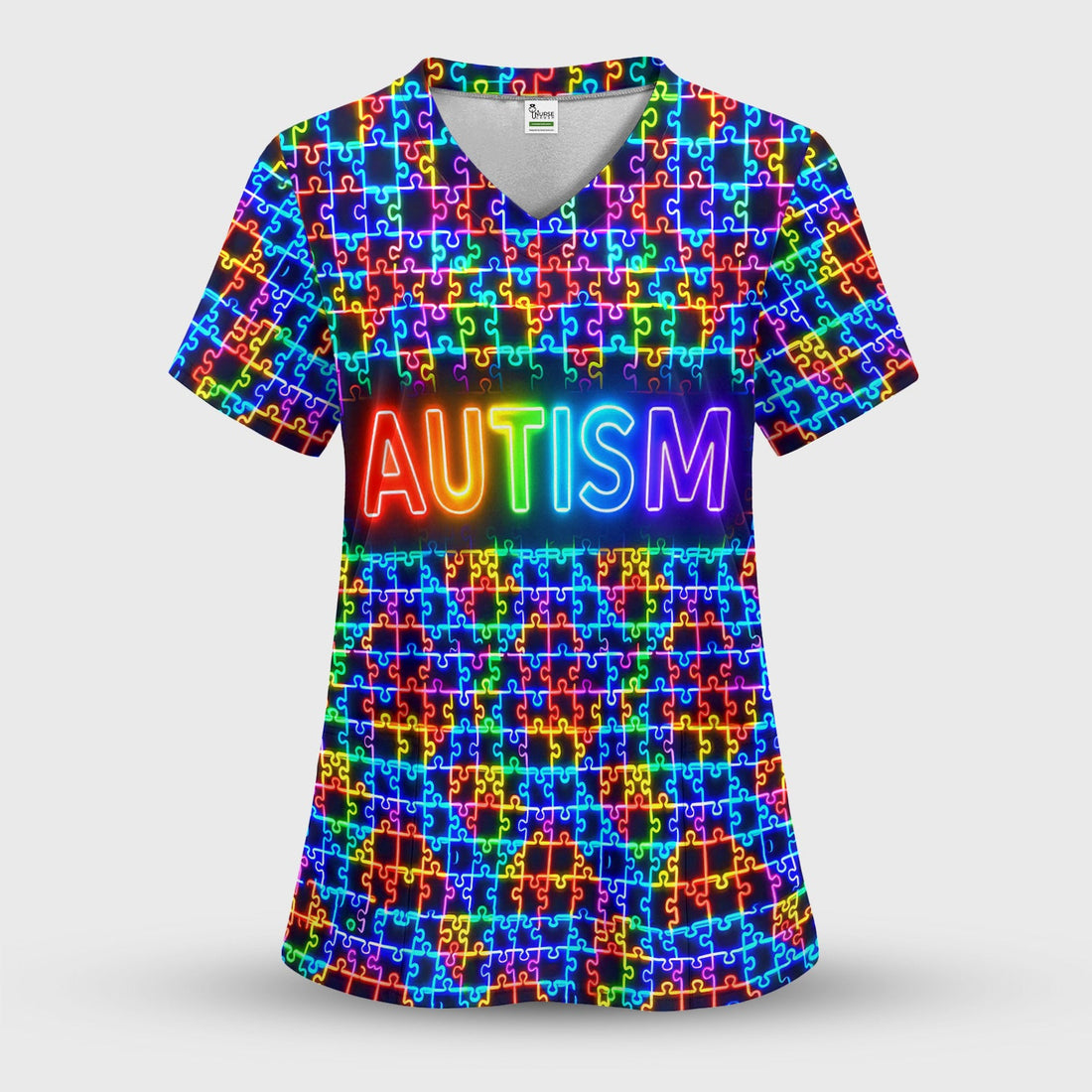 Autism Puzzle Neon Nurse Scrub Top