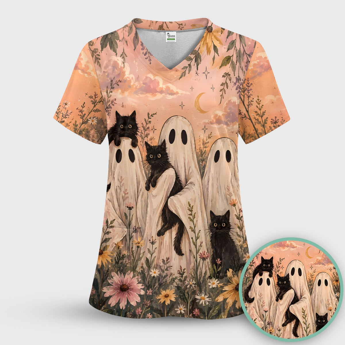 Ghosts Black Cats Nurse Scrub Top - Halloween Gift
