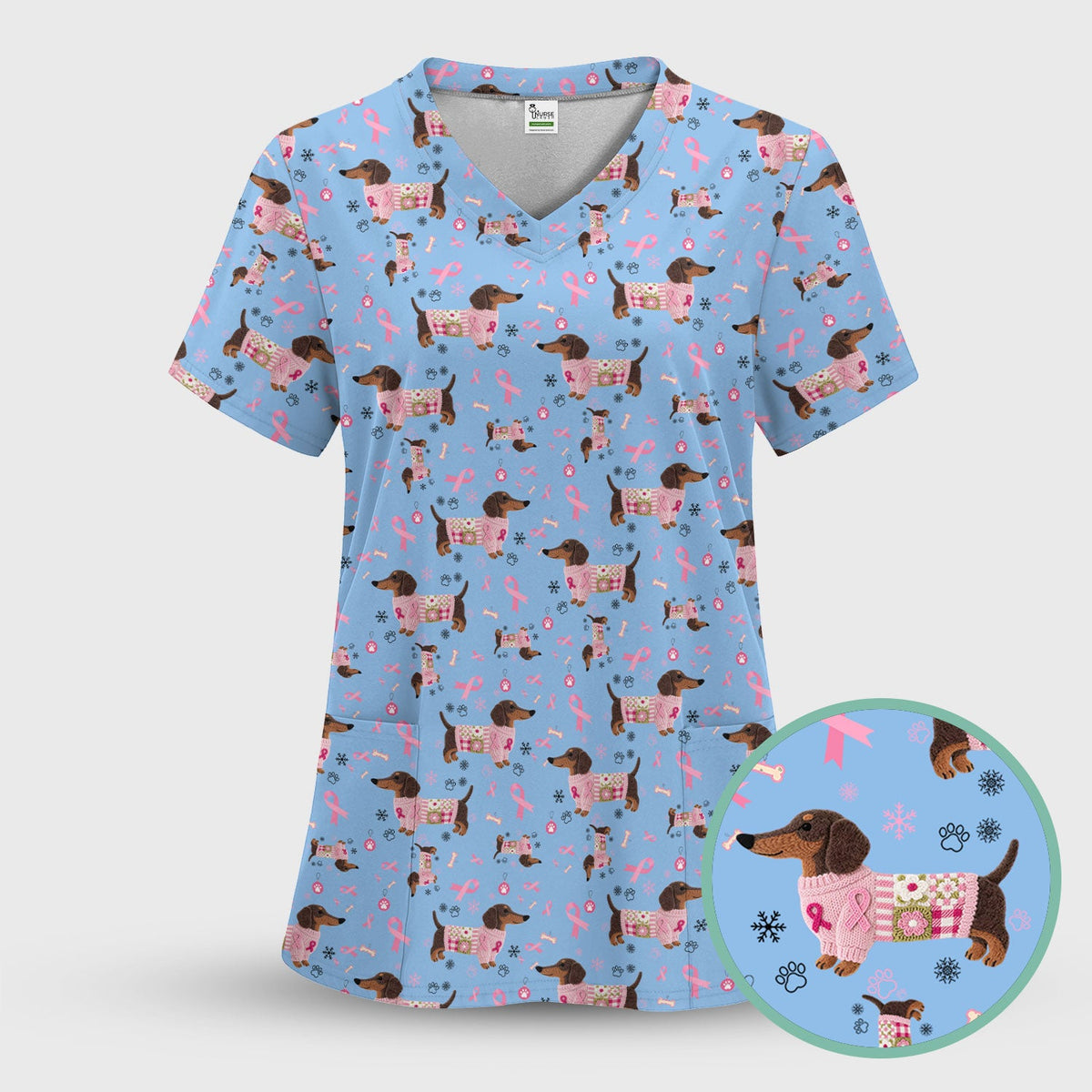 Pink Ribbon Dachshund Nurse Scrub Top