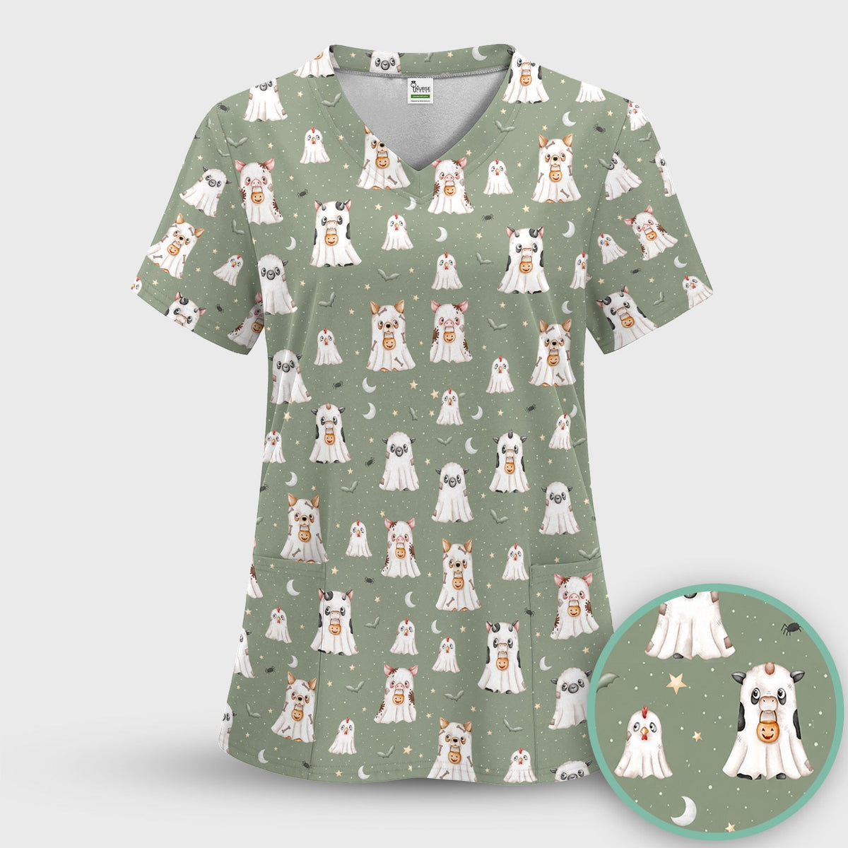Spooky Farm Animal Ghost Nurse Scrub Top