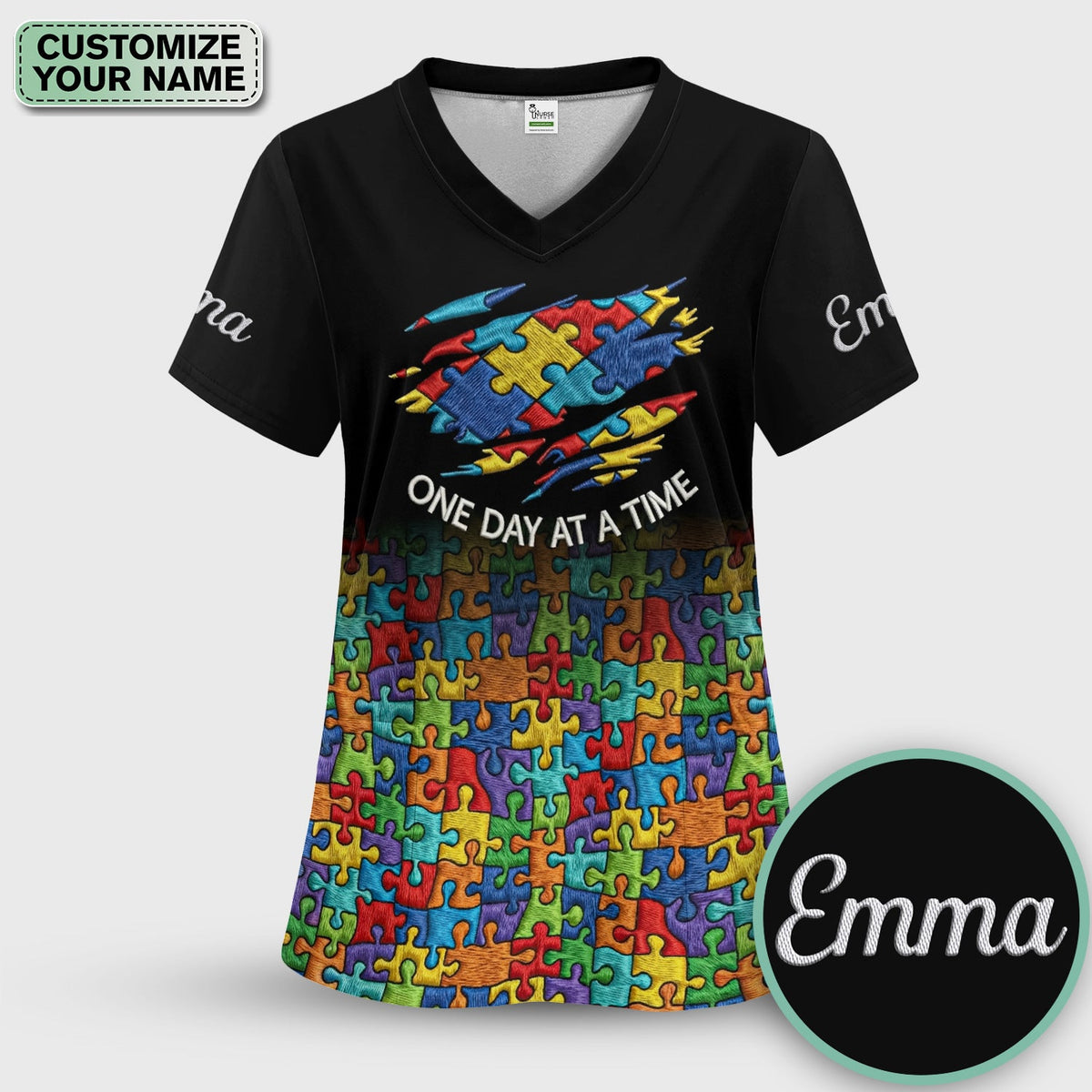 Personalized Autism Puzzle One Day At A Time Nurse Scrub Set