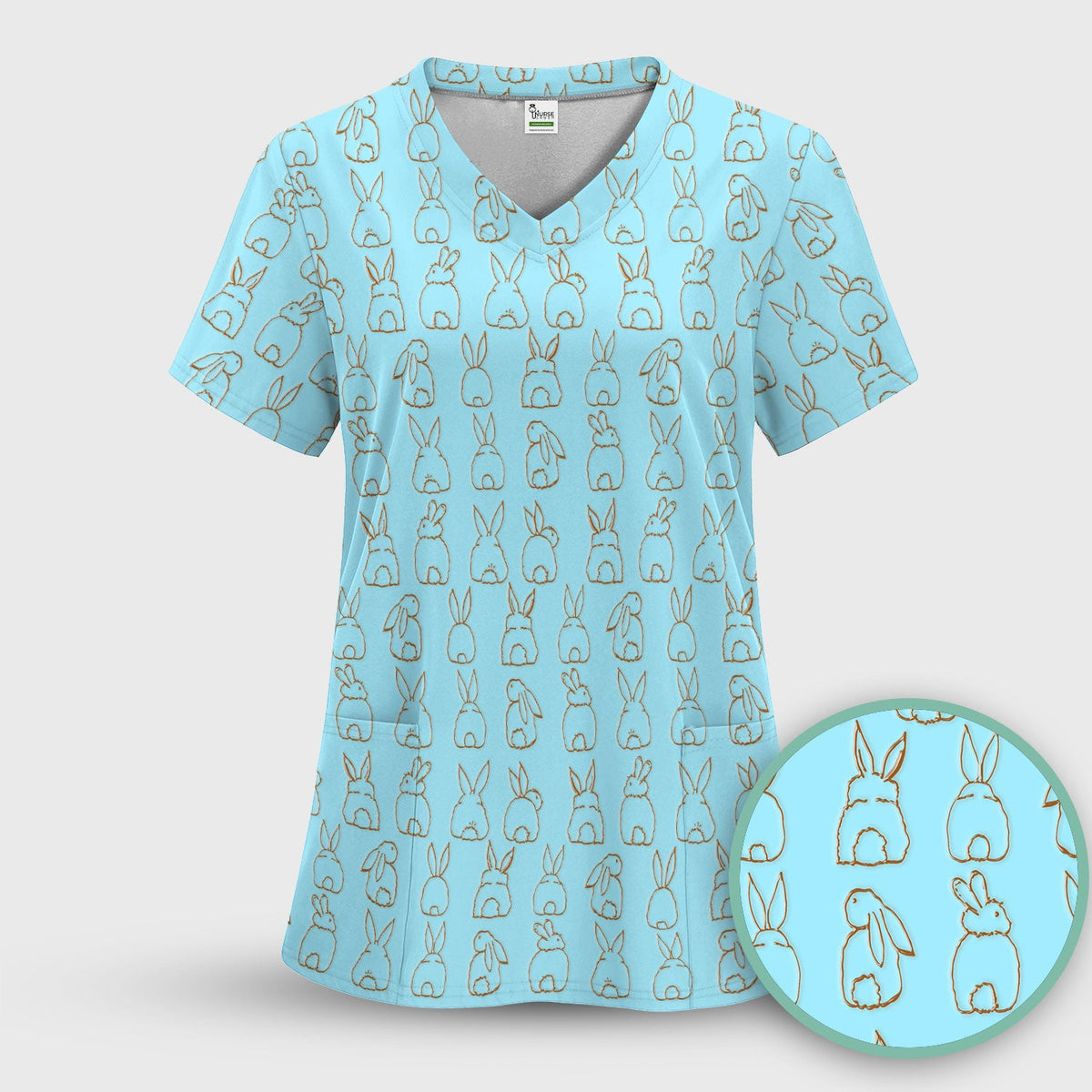 Cartoon Bunny Line Art Nurse Scrub Top - Easter Gift