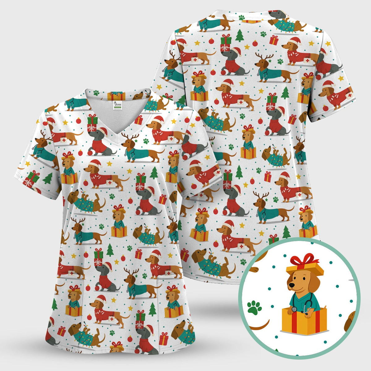Dachshund Scrub Top Christmas - Cute Dog Nurse Shirt - Holiday Medical Scrubs Gift for Women CNA RN Doctor