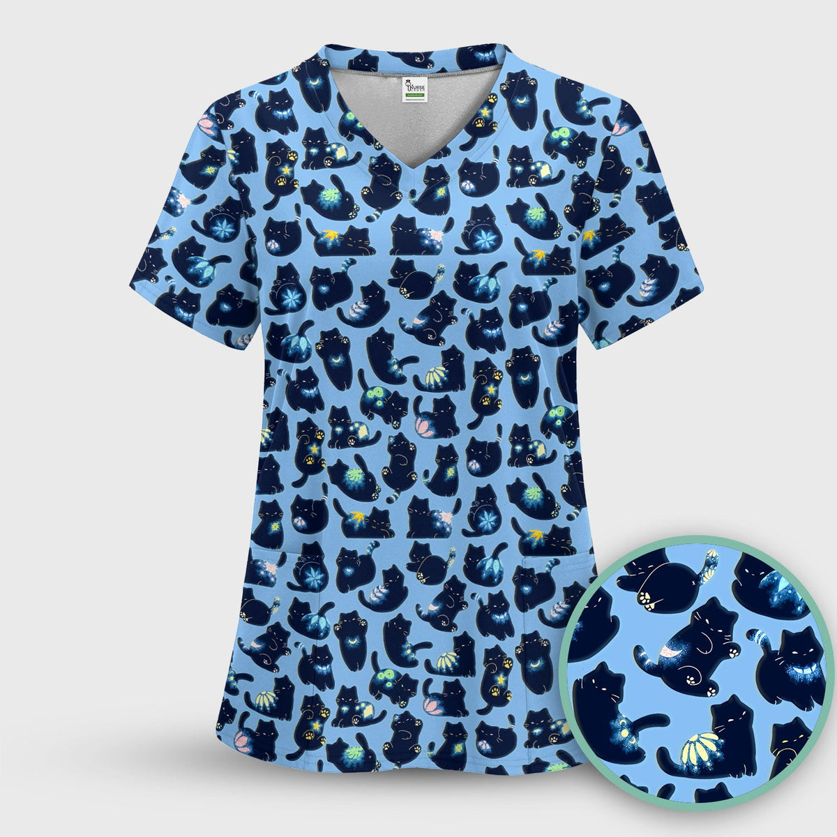 Midnight Black Cat Nurse Scrub Set