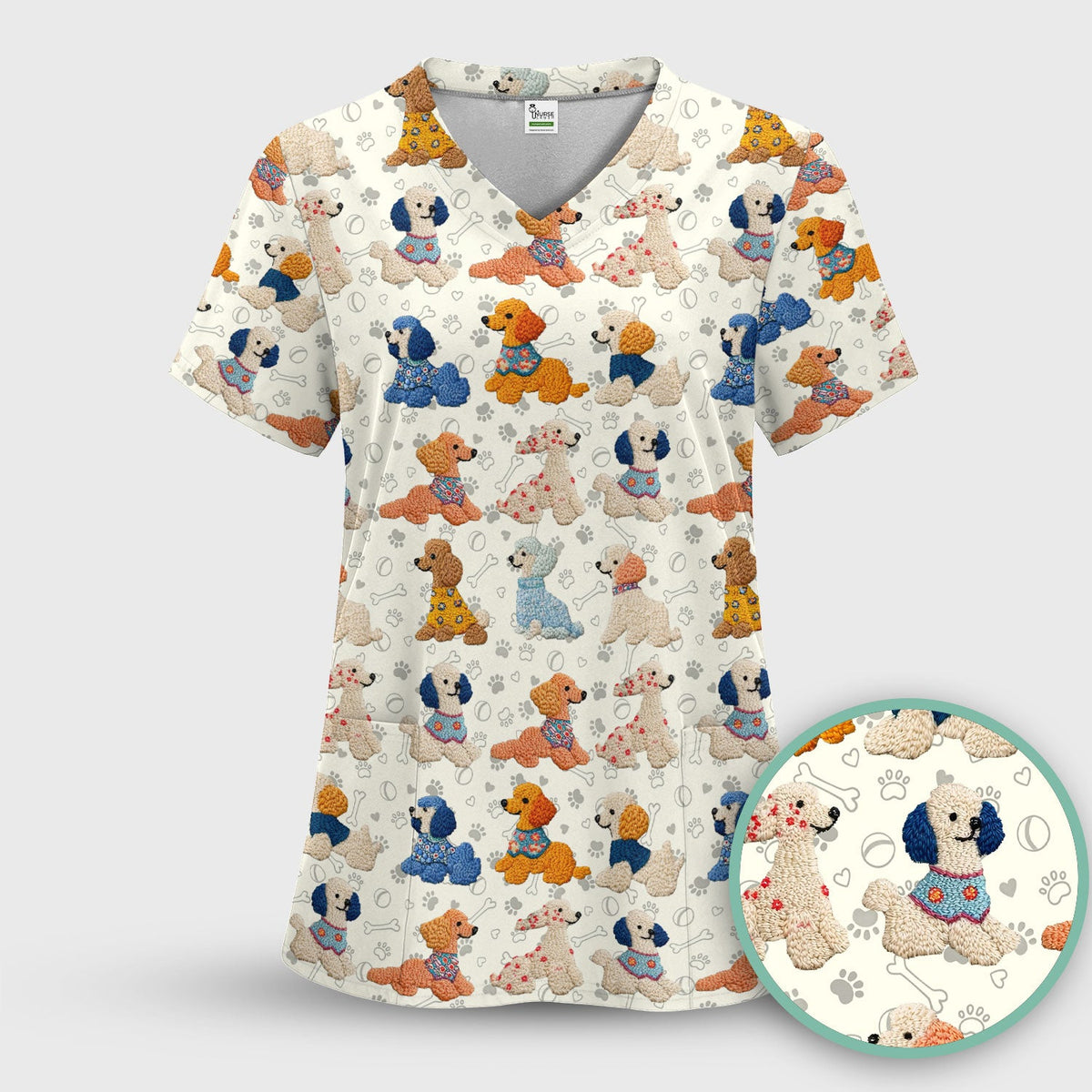 Cute Colorful Poodle Pattern Scrub Set, Scrub Pants and V Neck Top
