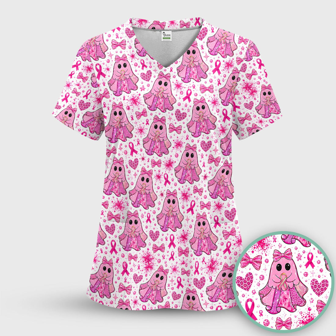 Breast Cancer Ribbon Ghost Princess Scrub Top, Comfortable Scrubs for Nurses