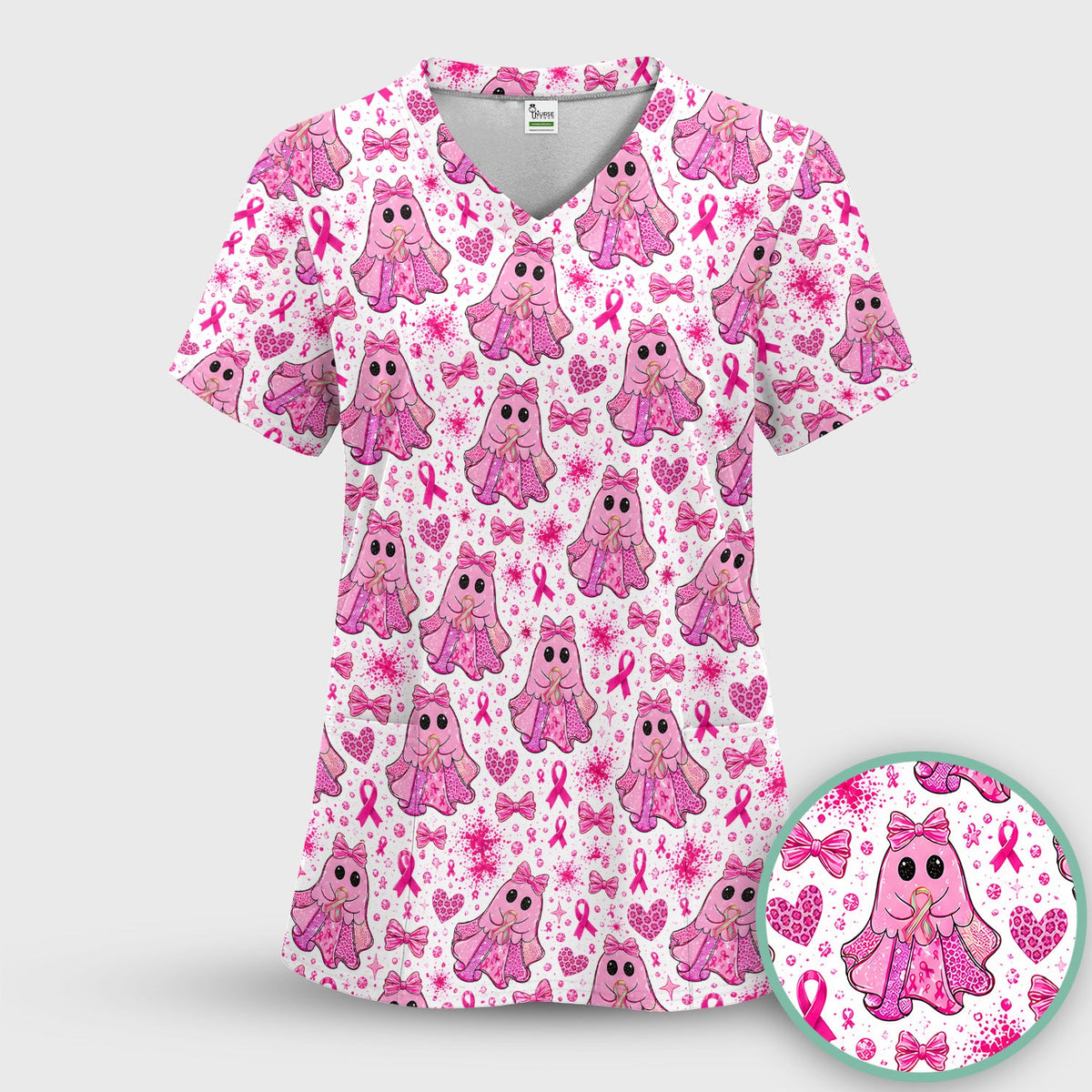 Breast Cancer Ribbon Ghost Princess Scrub Top, Comfortable Scrubs for Nurses