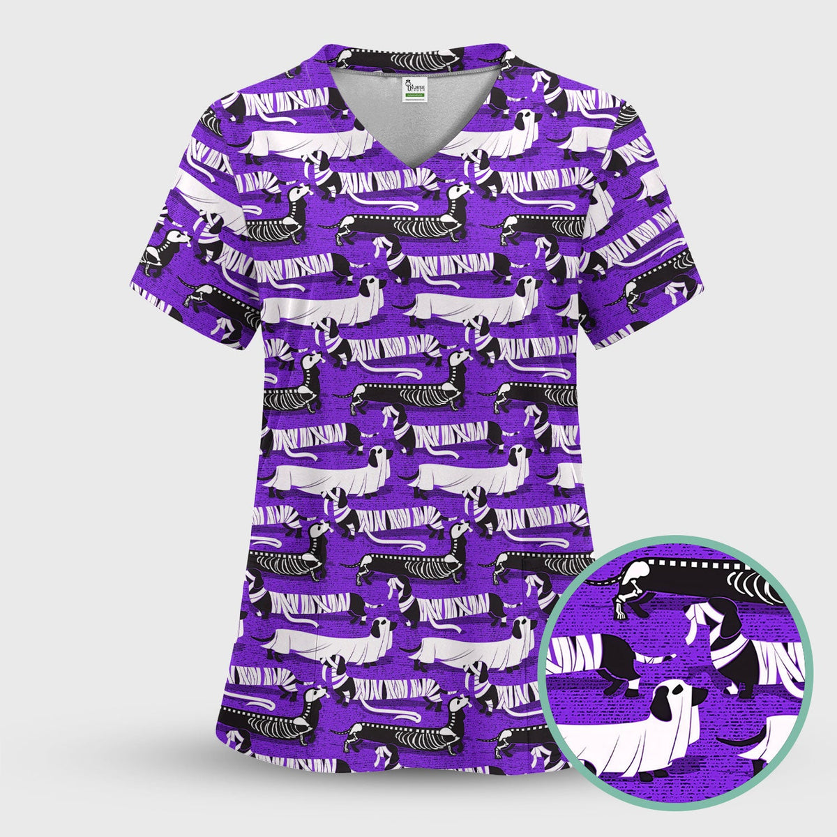 Halloween Dachshund Scrub Top - Funny Dog Skeleton Scrub Shirt Multi Color - Cute Halloween Scrubs Gift for Nurse, CNA, RN, Doctor