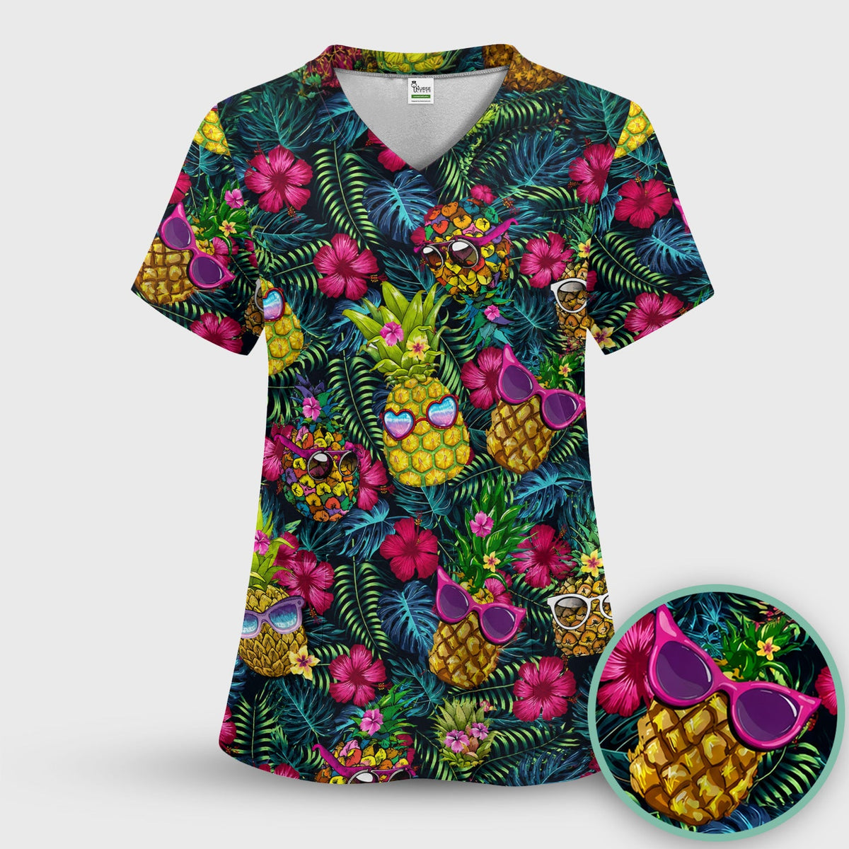 Tropical Pineapple Sunglasses Nurse Scrub Top
