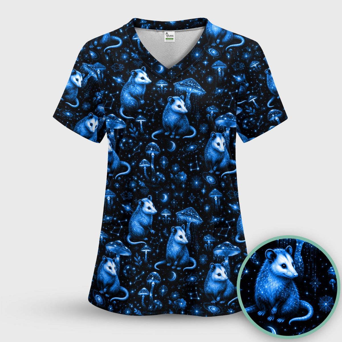 Celestial Blue Opossum Mushroom Nurse Scrub Top
